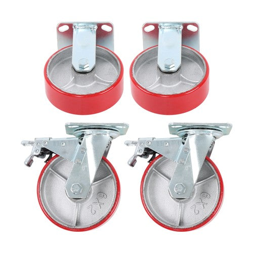 DURAFORCE 6" X 2" Industrial Casters - 2 Fixed and 2 Swivel Caster Wheels with Brakes