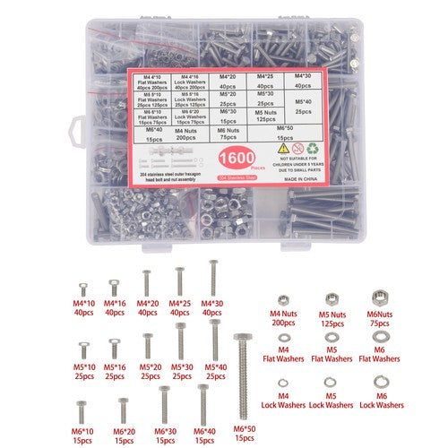 DURAFORCE 1600PCS of M6 M4 M5 Heavy Duty Nuts Flat and Bolts & Lock Washers Assortment Kit