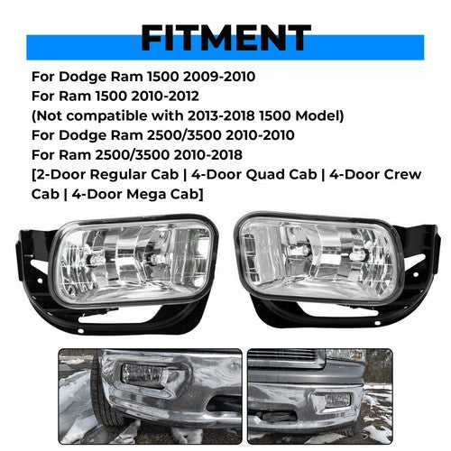 For 09-12 18 Dodge Ram 1500 2500 3500 Bumper Fog Lights Driving Lamps W Bracket