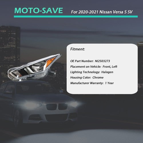 DURAFORCE For 20-21 Nissan Versa S SV Left Headlight Replacement Chrome Housing Clear Lens