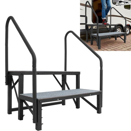 2 Step RV Steps With 2 Handrails And Step Mat 660 Lbs Load Capacity For Trailers