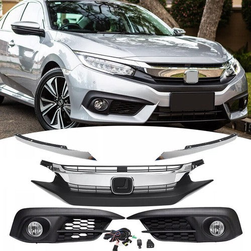 DURAFORCE Front Upper Grille & Fog Lights Lamps Set for 2016-2018 for Honda Civic