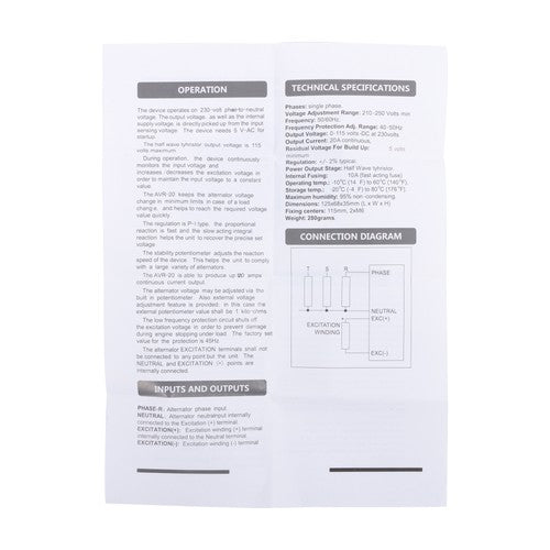 DURAFORCE AVR-20 Automatic Voltage Regulator Single Phase for Generator Alternators 20Amps