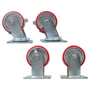 DURAFORCE 4 Heavy Duty Caster Set 4" Polyurethane on Cast Iron Wheels No Mark Red