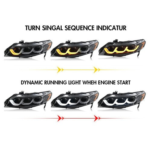 Full LED Headlights For Honda Civic 2006-2011 Sequential Headlamp Assembly Pair