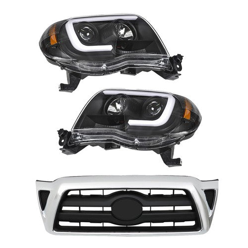 DURAFORCE Pair Headlights Front Grille Chrome Shell W/Black Insert For 05-11 Toyota Tacoma
