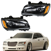DURAFORCE Pair Headlights Headlamps Halogen Black Clear Lens For Chrysler 300 2011-2014