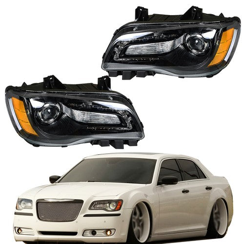 DURAFORCE Pair Headlights Headlamps Halogen Black Clear Lens For Chrysler 300 2011-2014