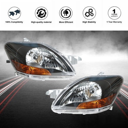 DURAFORCE Left & Right Pair Headlights Headlamps Black Housing For Toyota Yaris 2007-2012