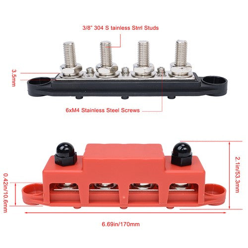 DURAFORCE 3/8" / 250A 4 Stud Busbar Bus Bar Power Distribution Terminal Block Red&Black