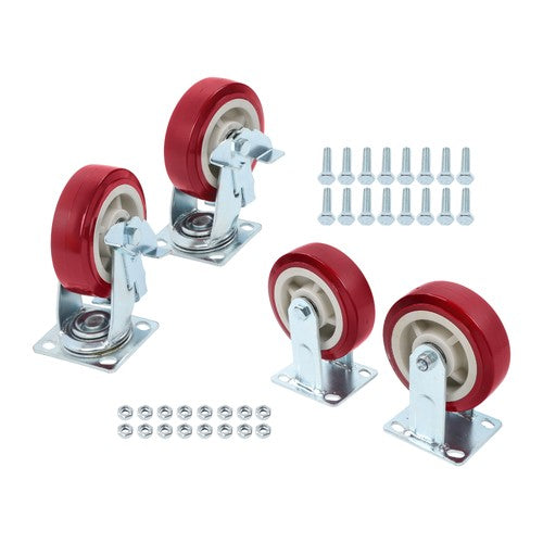 DURAFORCE Set of 4 Heavy Duty Casters - 6 inch x 2 inch Red Polyurethane Tread