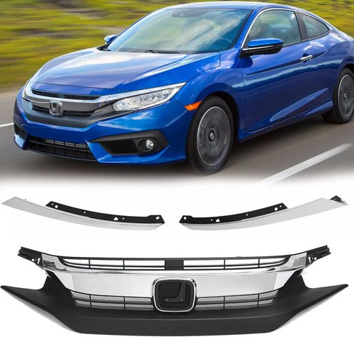 DURAFORCE Front Bumper Grille Grill W/Chrome Eyelid Molding For 2016-18 Honda Civic Sedan