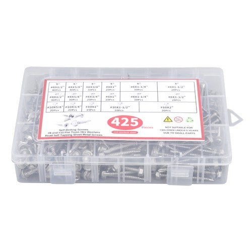DURAFORCE 425 Pcs 410 Stainless Steel Self-Tapping Screws, #8 #10 Self-Drilling Set