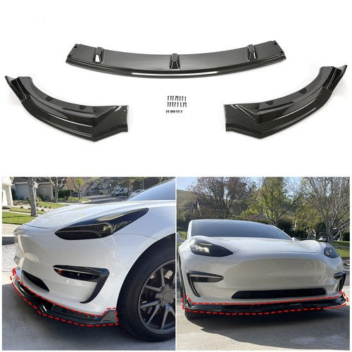 DURAFORCE Front Bumper Body Kit Lip Spliiter For 2017-2023 Tesla Model 3 Carbon Style 3Pcs