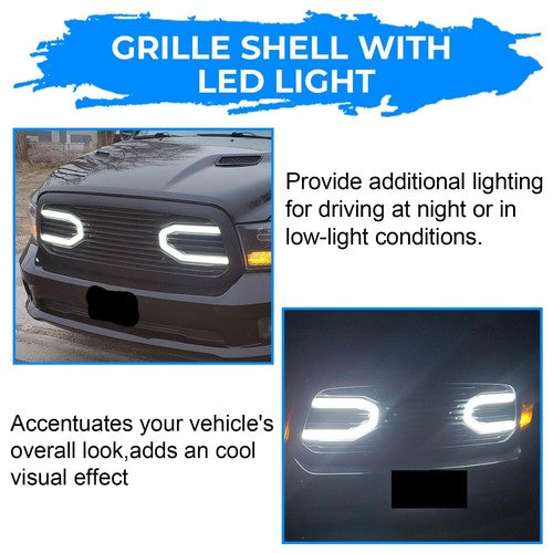 Front Upper Big Horn Black Grille Shell With Light for 2013-2018 Dodge Ram 1500