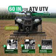 DURAFORCE 60 Inch Landscape Rake Rock Rake Pine Straw Rake 20 Tines For Tractor ATV UTV
