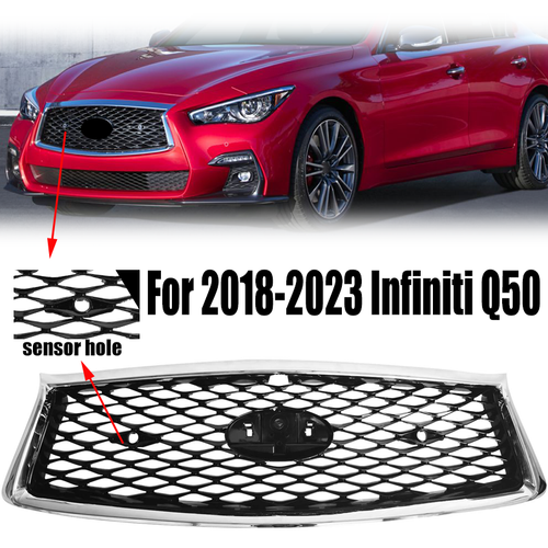 DURAFORCE For 2018-2023 Infiniti Q50 Chrome Bezel Front Bumper Black Grille W/sensor holes