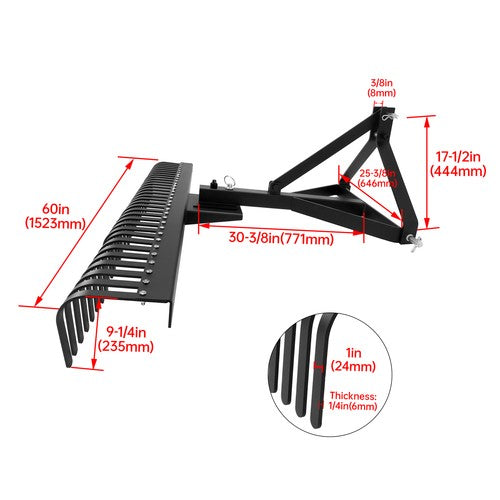 DURAFORCE 3 Point Landscape Rake 60" 5 FT For Cat 1 Tractor Loader Hookup 360° Rotation