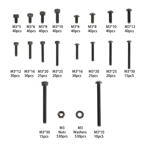 DURAFORCE 1590-Piece M3 Screw Kit with Hex Button & Socket Head Bolts, Nuts, and Washers