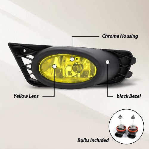 DURAFORCE For 2009 2010 2011 Honda Civic Sedan Fog Lights W/ Wiring & Switch Yellow Lens