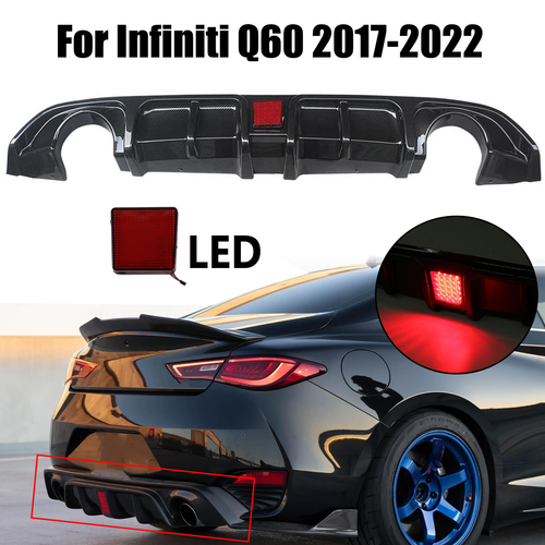 DURAFORCE Carbon Style Rear Bumper Diffuser Lip For Infiniti Q60 2017-2022 W/LED Light