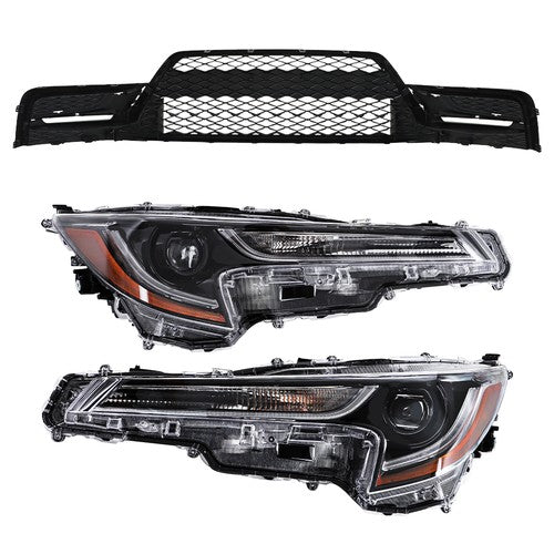 DURAFORCE Front For Toyota Corolla 2023-2024 Pair LED Clear Headlights&Lower Grill Black
