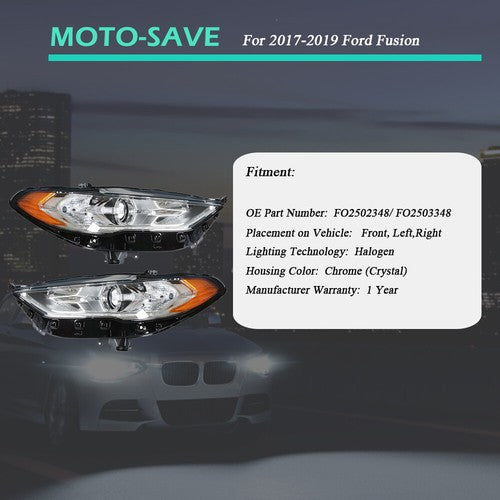 DURAFORCE Headlight Fit For Ford Fusion 2017-2019 Headlamps Driver + Passenger Side Pair