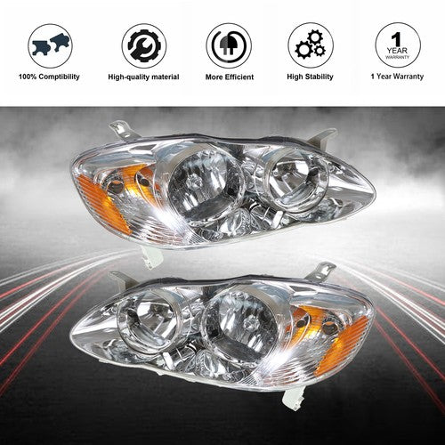 DURAFORCE Headlights For Toyota Corolla 2003-2008 LH+RH 1Pair Chrome Housing Clear Lens