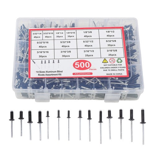 DURAFORCE 500pcs Aluminum Rivet Kit 14 Sizes Assorted Blind Rivets Storage Case DIY Use