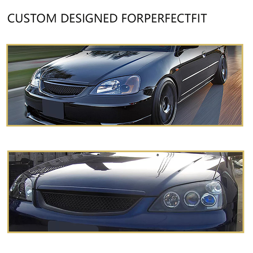 DURAFORCE Fits 2001-2003 Honda Civic Sedan Front Mesh Grille & Clear Lens Fog Lights Lamps