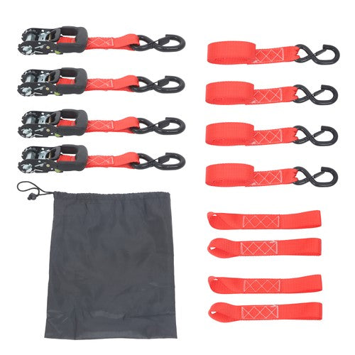 DURAFORCE 4 Pcs Steel Ratchet Strap with S Hooks 1.6in*8ft Fracture Strength 5208lbs Red
