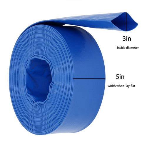 DURAFORCE 3" x 100 ft Blue PVC Lay Flat Water Discharge Pump Hoses，With 2 Clamps