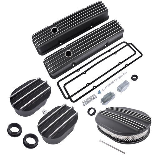 DURAFORCE Finned Tall Valve Covers & 12 Oval Half Air Cleaner & Breather Kit for SBC Black