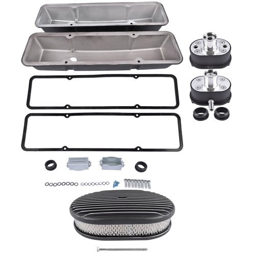 DURAFORCE Finned Tall Valve Covers & 12 Oval Full Air Cleaner & Breather Kit for SBC Black