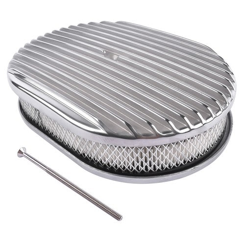DURAFORCE Polished Aluminum 12" Oval Fully Finned Air Cleaner 4 Barrel For SBC BBC Chevy