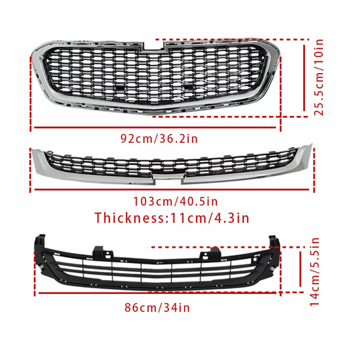 DURAFORCE Fits 2014-2016 Chevrolet Malibu Grill Front Upper/Center/Lower Grille Chrome Set