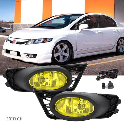 DURAFORCE For 2009 2010 2011 Honda Civic Sedan Fog Lights W/ Wiring & Switch Yellow Lens