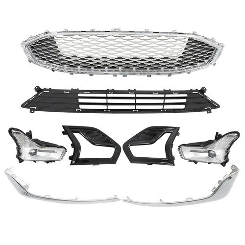 DURAFORCE Front Upper + Lower Grill w/ Fog Lights + Chrome Trim For Ford Fusion 2019-2020