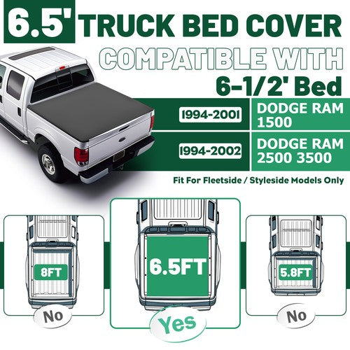 DURAFORCE For DODGE RAM 1500/2500/3500 1994-2001 2002 6.5ft Bed Soft Roll-Up Tonneau Cover