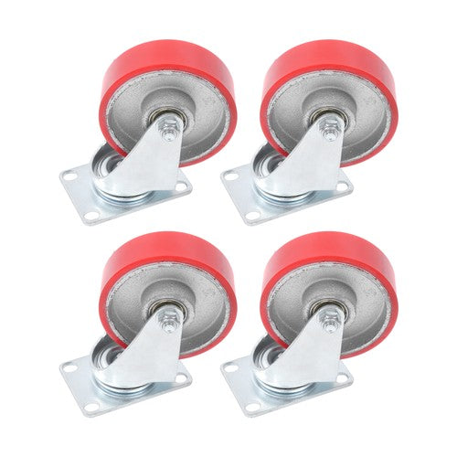 DURAFORCE Four 4-inch red polyurethane galvanized casters with side brakes