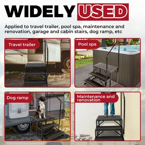 3 Step Anti-Slip 660lbs Stair With Handrail for RV Camper Hot Tub Portable