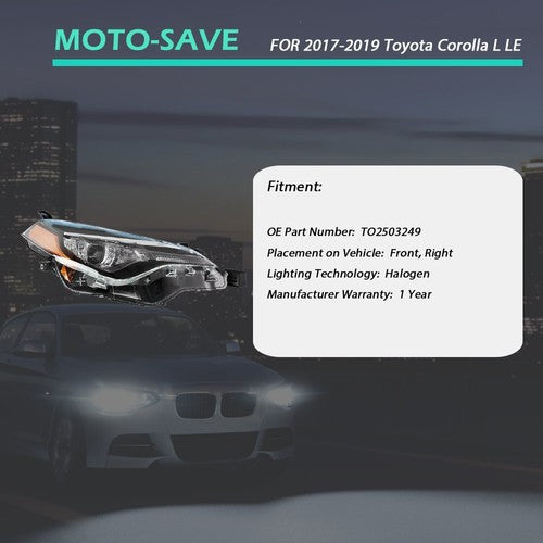 DURAFORCE For Toyota Corolla L LE Eco 2017-2019 Headlight Replacement Halogen Clear Lens R