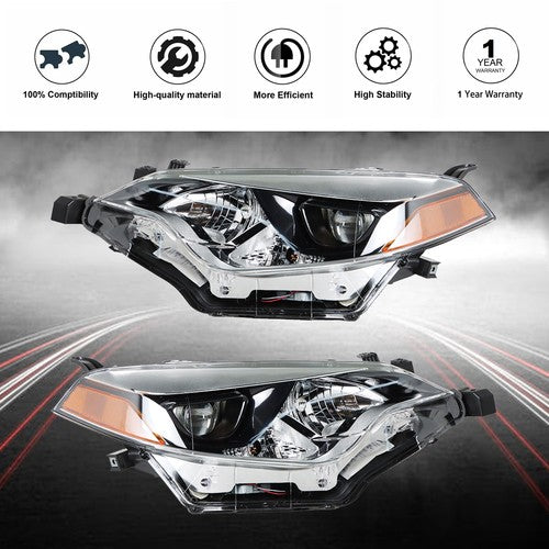 DURAFORCE Halogen Front Headlight Lamps Chrome For Toyota Corolla 2014-16 Left+Right Side
