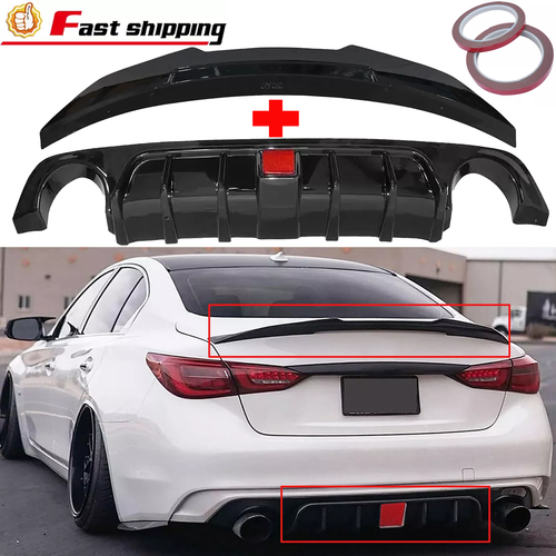 DURAFORCE Glossy Black Rear Bumper Diffuser & Rear Spoiler Fit for 2018-2023 Infiniti Q50