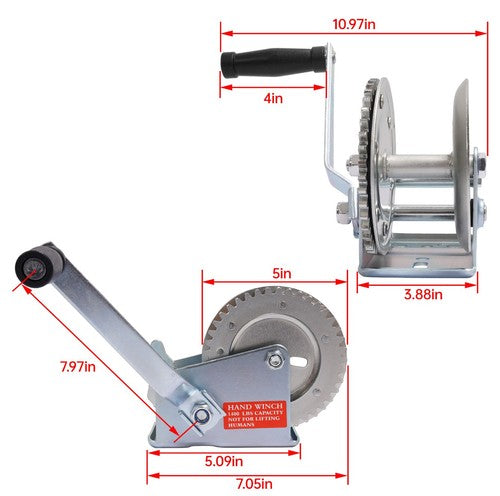 DURAFORCE 1400LB Steel Horizontal Pulling Hand Winch w/Ratchet Galvanized For Boat Trailer