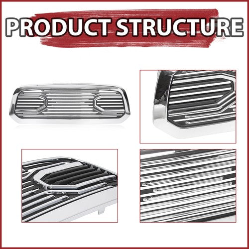 Front Bumper Grille Chrome Grill Big Horn Style for 2013-2018 Dodge Ram 1500