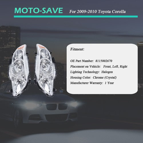 DURAFORCE Front Headlight Assembly For Toyota Corolla 2009-2010 LH + RH Pair Clear Lens