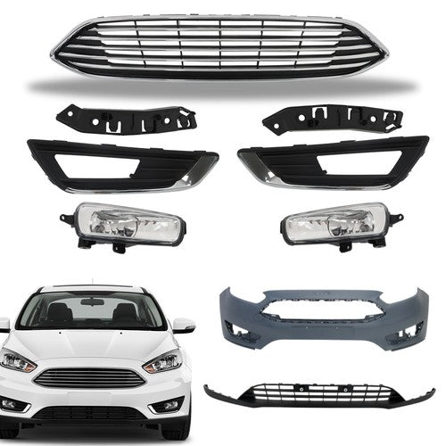 DURAFORCE Chrome Black Complete Front Bumper Cover+Grill Set For Ford Focus 2015-2018
