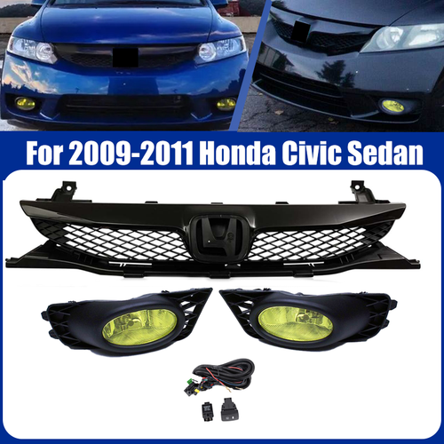 DURAFORCE Yellow Lens Fog Lights Kit Front Bumper Grille for 09-11 for Honda Civic 4Dr