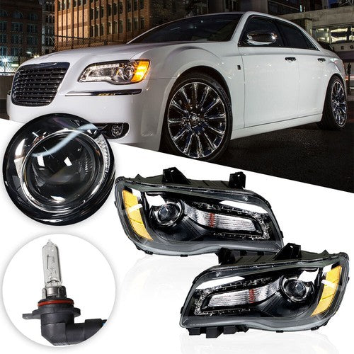 DURAFORCE Headlight Black Pair Projector For Chrysler 300 11-14 Passenger + Driver Side